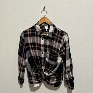 NWT Belle Du Jour Black and Pink Plaid Twist Front Shirt